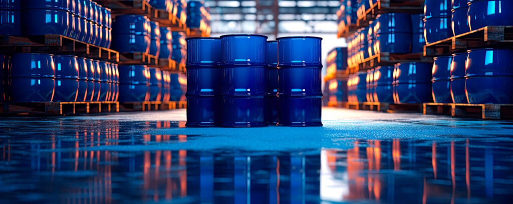Blue barrel drum on the pallets contain liquid chemical in warehouse prepare for delivery to customer by made to order