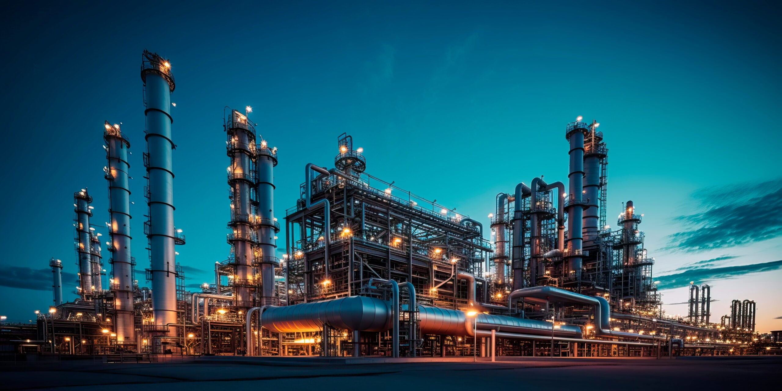 A modern petrochemical plant with intricate piping systems, distillation towers, and tanks, producing various chemical